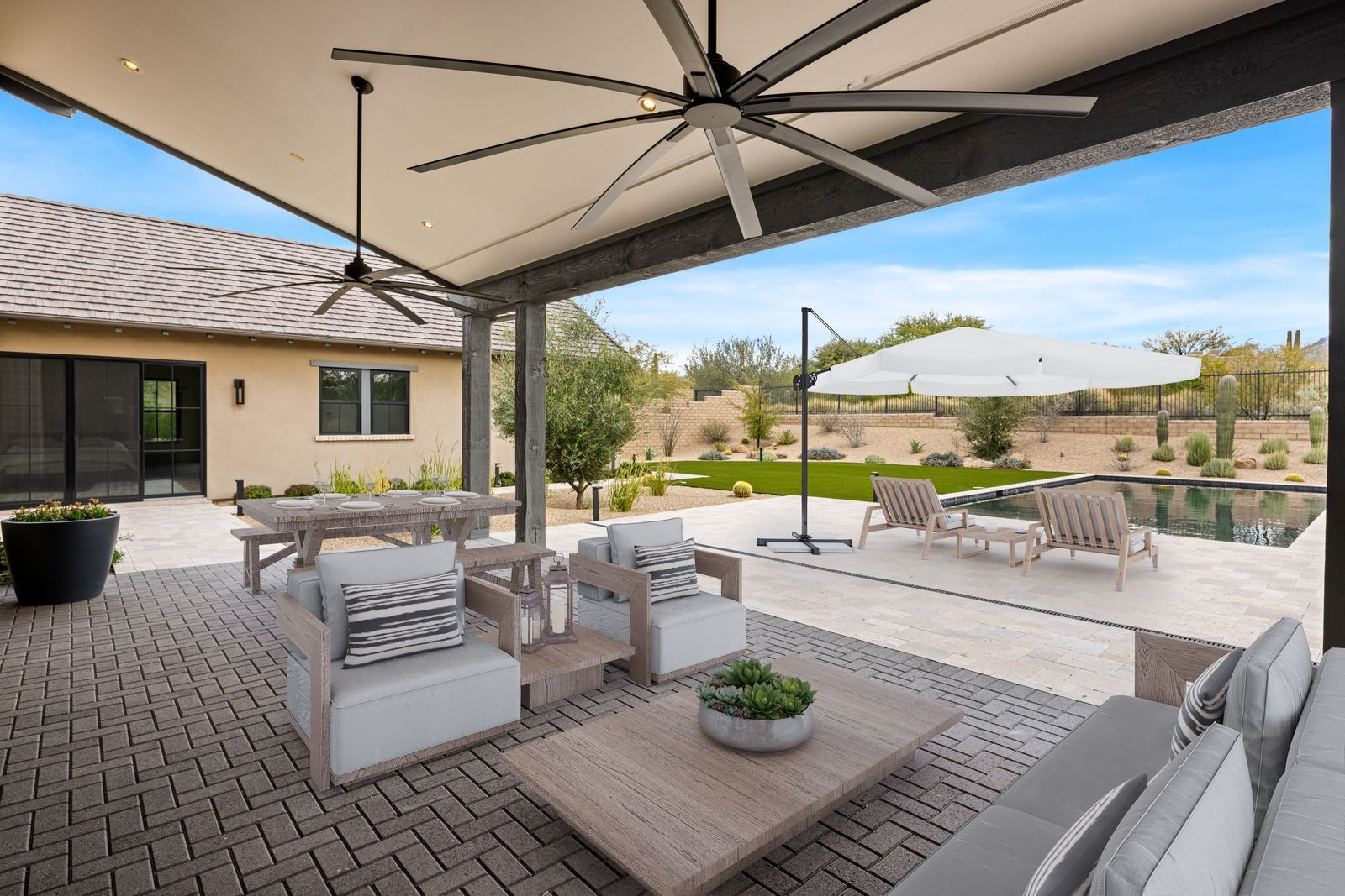Virtual staging of an outdoor patio with digital furniture after