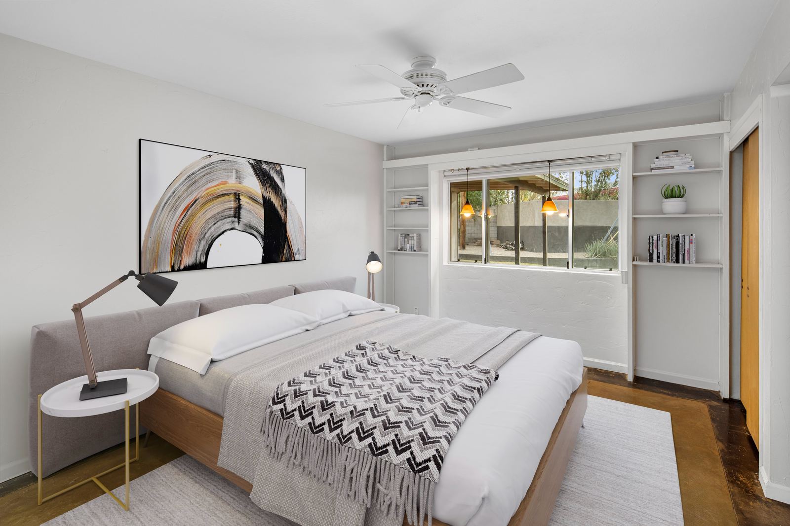 Virtual staging of an empty bedroom with digital furniture after